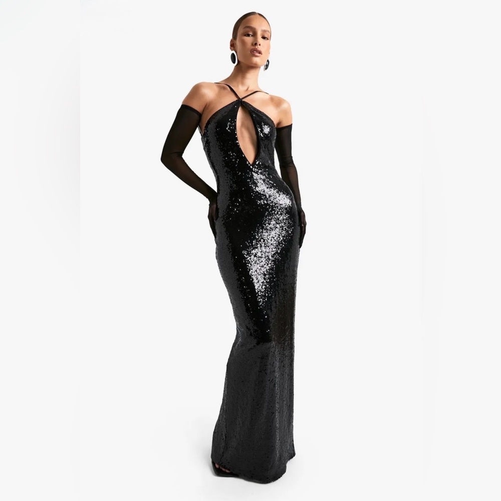 boohoo Halter Neck Cut Out Sequin Maxi Dress Evening Gown - Black - US Size 6